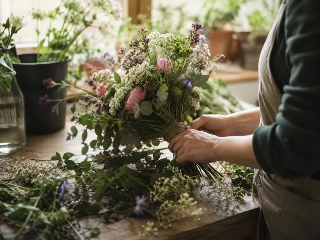 H&auml;nde binden einen Blumenstrauss in der Floristik